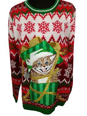 Holiday Time Christmas Sweater With Cat In Gift Box Design Red & Green Fair Isle